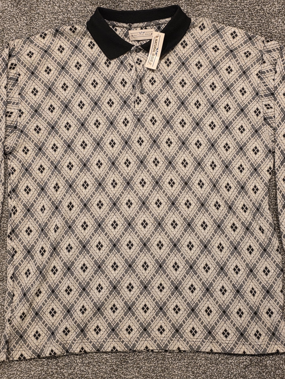 Men's Casual Button-Down Polo with Geometric Print - Black Collar